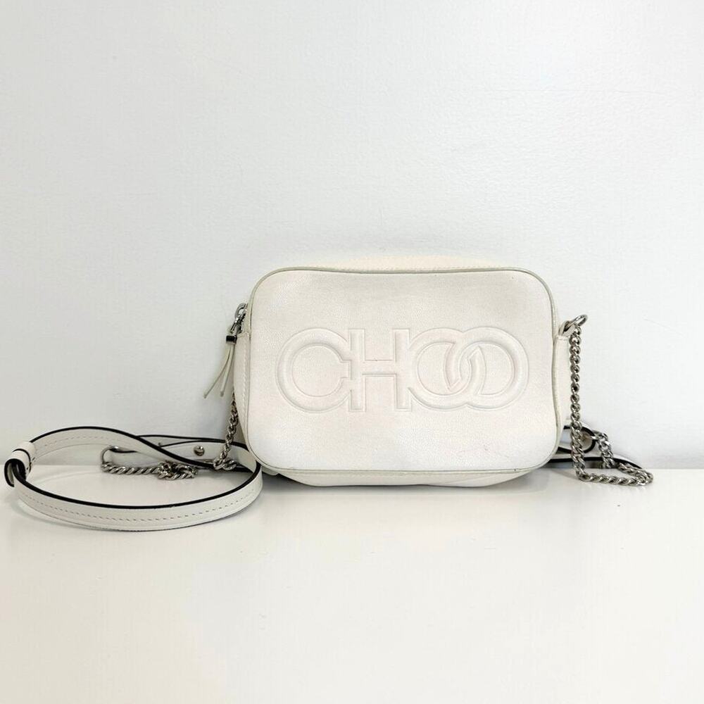 JIMMY CHOO White Leather Logo Silver Chain Crossbody Logo Embossed Camera Bag